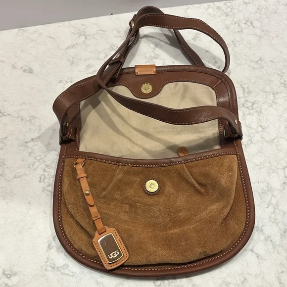 UGG Australia Brown Tan Leather Suede Crossbody Messenger Purse - Picture 8 of 10